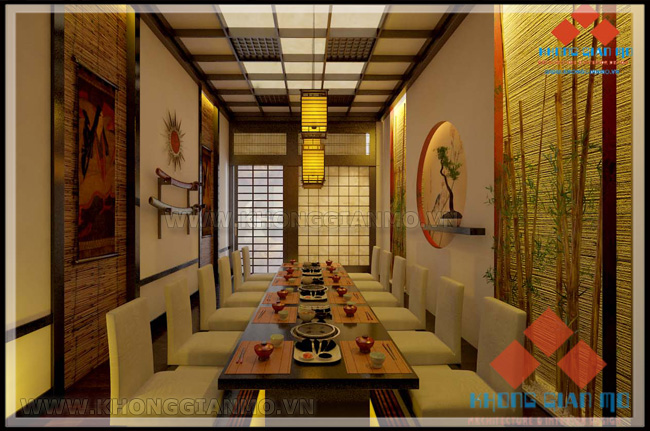 Thiết kế nội thất nhà hàng Nhật - Phối cảnh 3D phòng VIP 2 - Ánh sáng buổi tối khi sử dụng